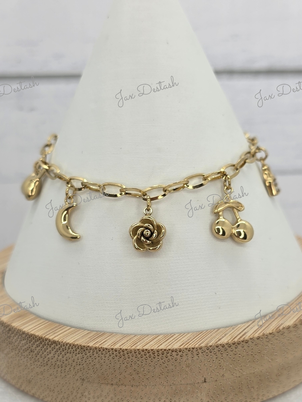 Gold Charm Bracelet with Moon, Rose & Cherry Charms BR4516